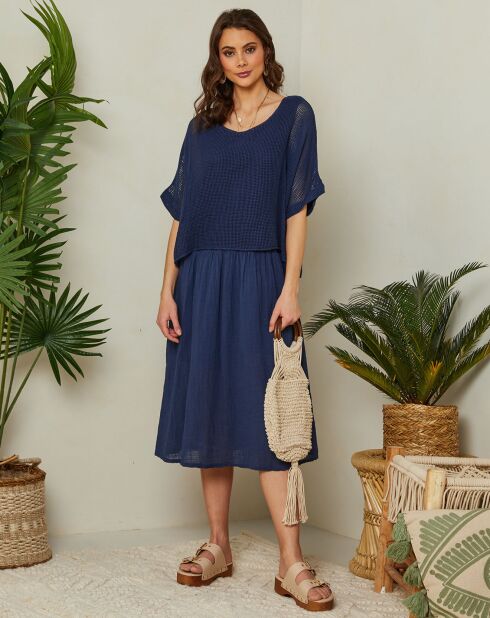 Marineblauwe jurk van katoen en linnen Leana