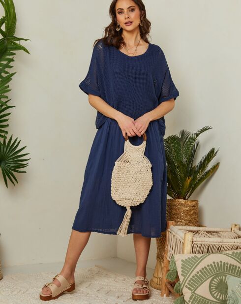 Marineblauwe jurk van katoen en linnen Leana