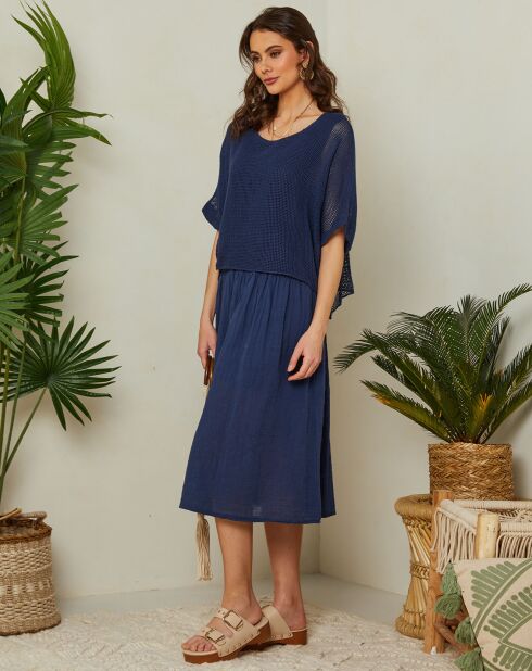 Marineblauwe jurk van katoen en linnen Leana