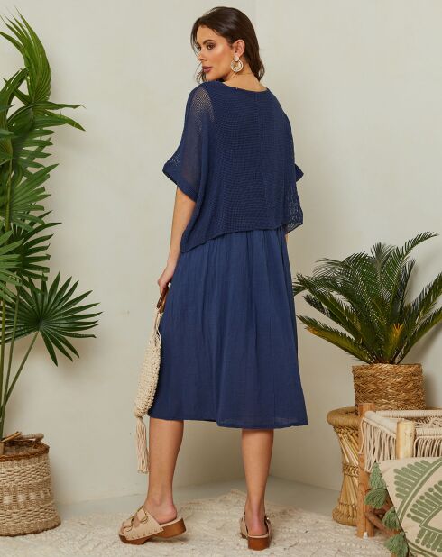 Marineblauwe jurk van katoen en linnen Leana