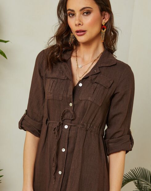 Leah bruine jurk van 100% linnen