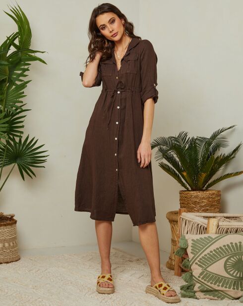 Leah bruine jurk van 100% linnen