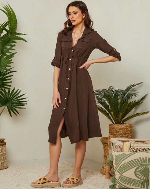Leah bruine jurk van 100% linnen