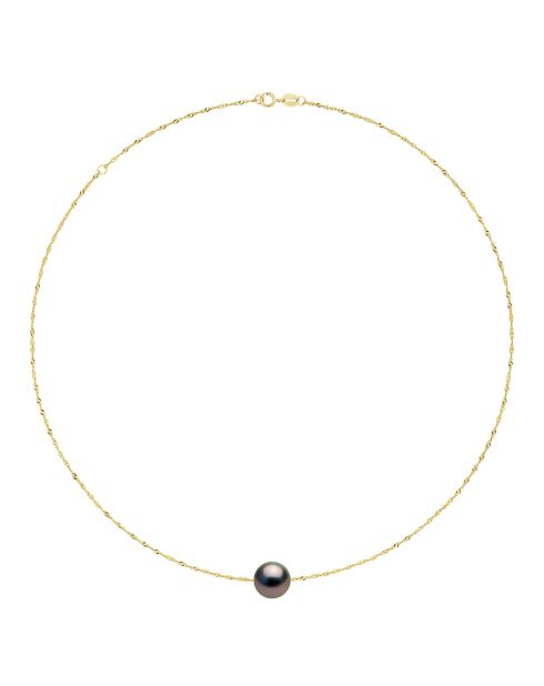 Halskette aus Gelbgold und schwarze runde Tahiti-Zuchtperle