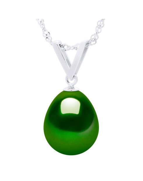 Collier en Argent rhodié & Perle de Culture d'Eau Douce poire vert malachite