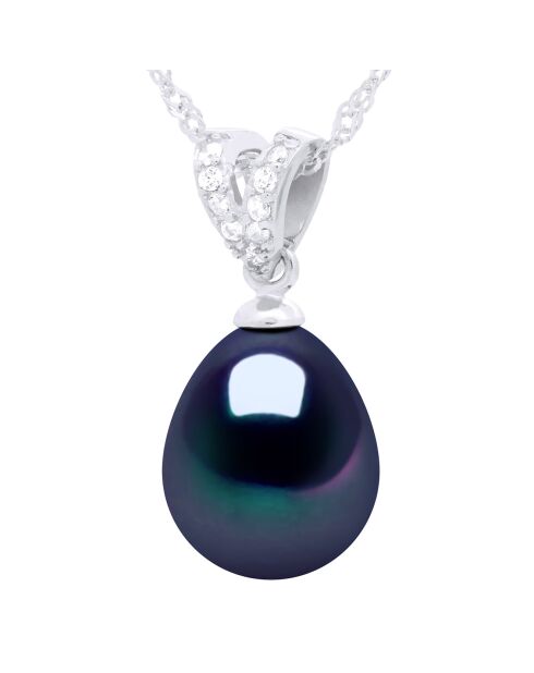 Collier en Argent rhodié, Oxyde de Zirconium & Perle de Culture d'Eau Douce poire black tahiti
