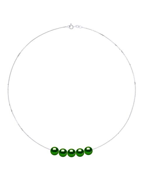 Collier en Argent rhodié & Perles de Culture d'Eau Douce traversantes rondes vert malachite