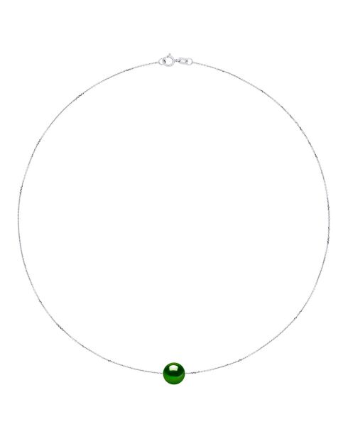 Collier en Argent rhodié & Perle de Culture d'Eau Douce traversante ronde vert malachite