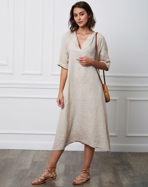 Beiges Granel-Kleid aus 100% Leinen