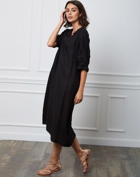 Zwarte jurk van 100% linnen Granel