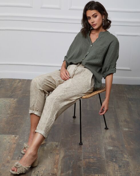 Helly kaki top van 100% linnen