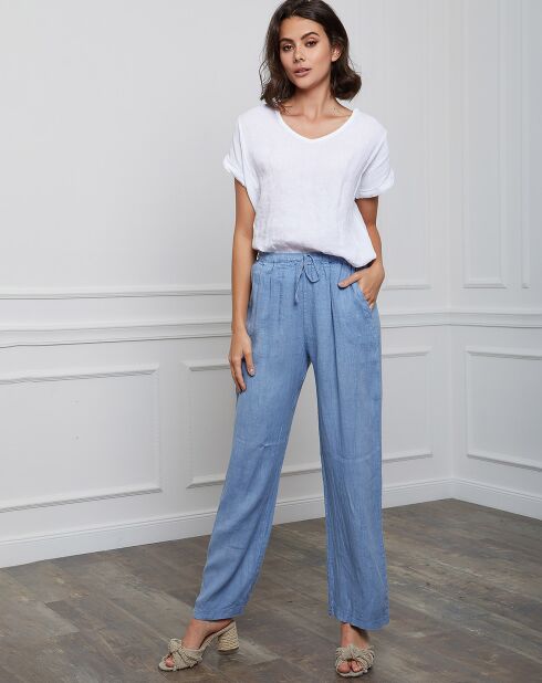 Honas hemelsblauwe broek van 100% linnen