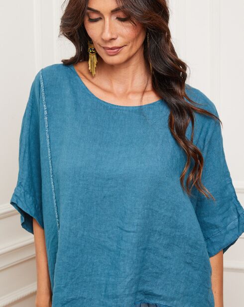 Blouse 100% Lin Kalon bleu canard