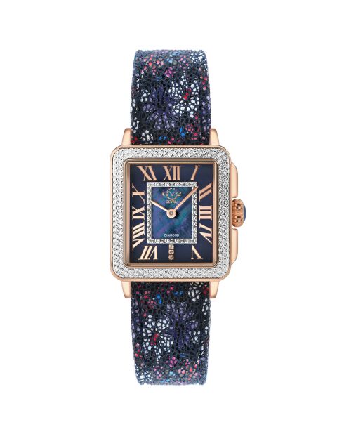 Montre Padova Floral Femme Quartz en Cuir & Diamants 0.042 ct bleu/fleuri