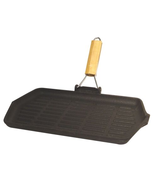Grill rectangulaire à induction avec fonte manche rétractable noir/bois - 33.5x19.5 cm