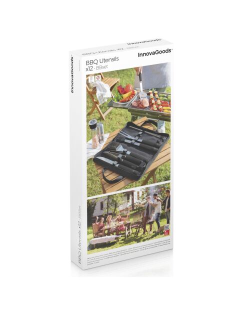 Kit d'Ustensiles pour Barbecue avec Mallette de Transport BBSet 12 Pièces gris/noir