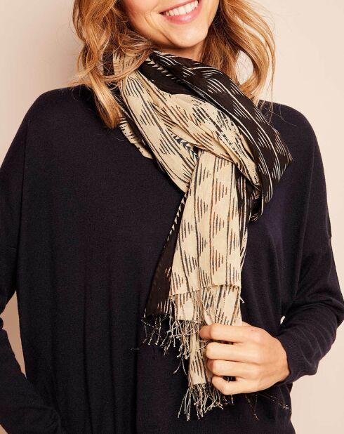 Foulard 100% Coton géométrique écru/noir 90x200 cm