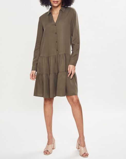 Robe courte chemise à volants kaki