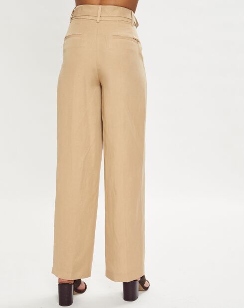 Beigefarbene Leinenhose mit Gürtel und weitem Bein