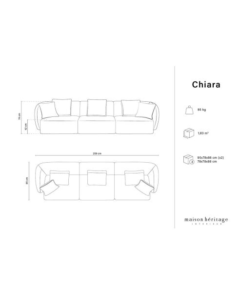 Canapé Modulaire Velours Chiara 3 Places corail - 259x85x74 cm