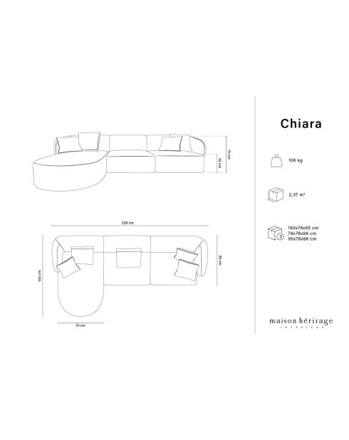 Canapé d'angle Gauche Modulaire Velours Chiara 4 Places noir - 259x155x74 cm