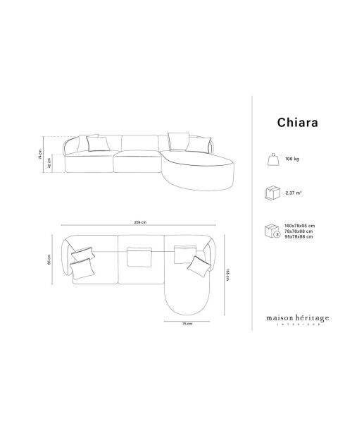 Canapé d'angle Droit Modulaire Velours Chiara 4 Places gris - 259x155x74 cm