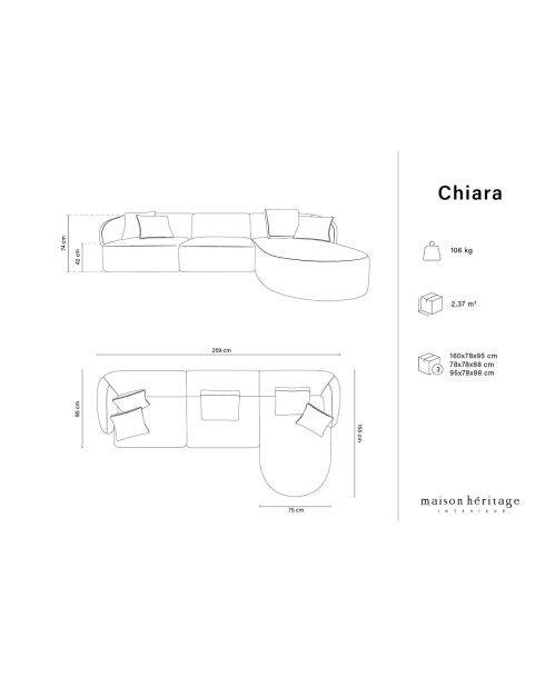 Canapé d'angle Droit Modulaire Velours Chiara 4 Places noir - 259x155x74 cm