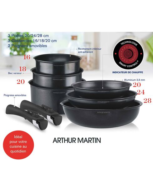 Batterie de cuisine Amovible induction noire - 8 pièces