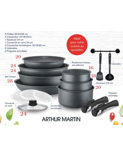 Batterie de cuisine Amovible induction noire - 15 pièces