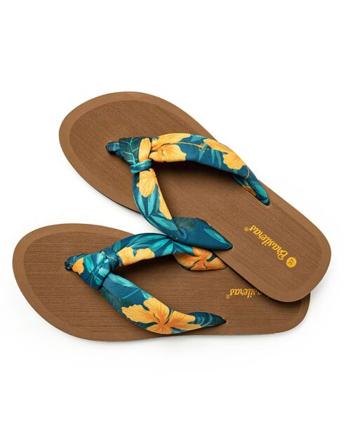 Beige/blauw/gele Hibiscus Nudo teenslippers