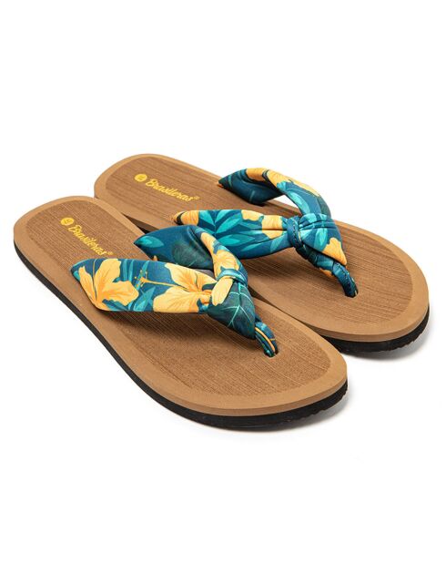 Beige/blauw/gele Hibiscus Nudo teenslippers