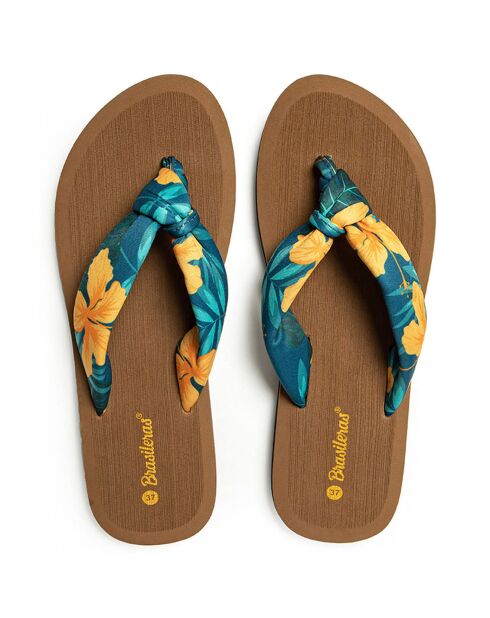 Beige/blauw/gele Hibiscus Nudo teenslippers