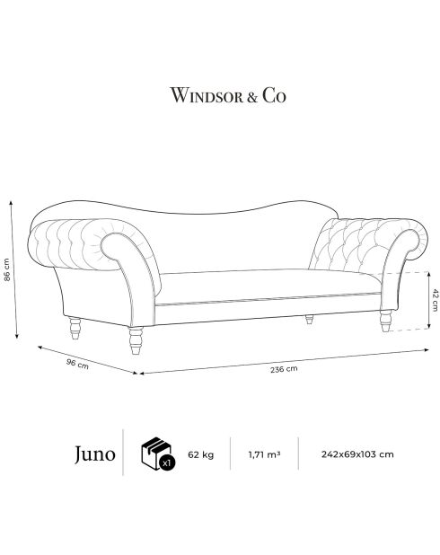 Canapé Velours Juno 3 Places beige - 236x96x86 cm