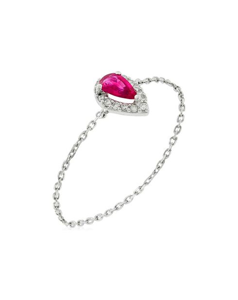 Kettingring met rode traanvormige diamanten 0,05 en robijn 0,25 kt witgoud