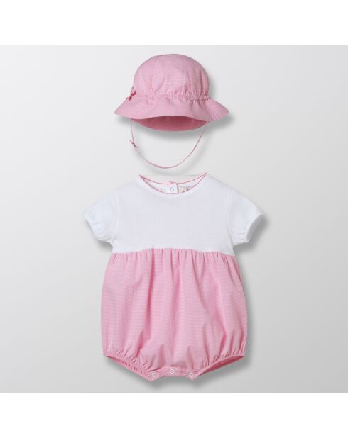 Ensemble Combinaison & Chapeau en Coton Vichy blanc/rose