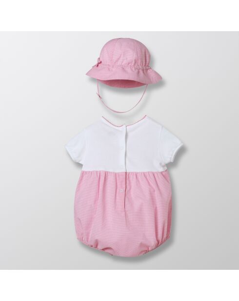 Ensemble Combinaison & Chapeau en Coton Vichy blanc/rose