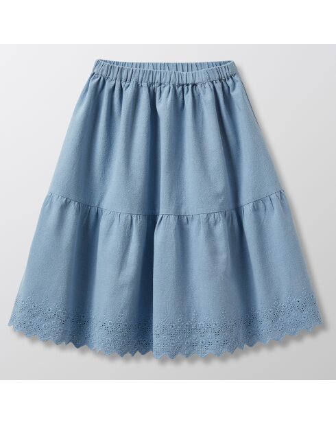 Jupe midi en Coton Brodé bleue