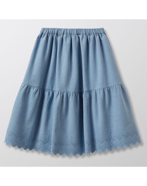 Jupe midi en Coton Brodé bleue