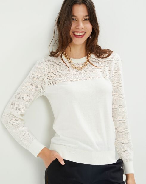 Pull Virginie motifs ajourés écru