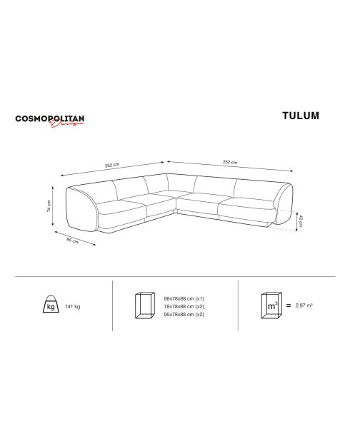 Canapé d'angle Réversible Tulum Velours  5 Places beige - 252x252x74 cm