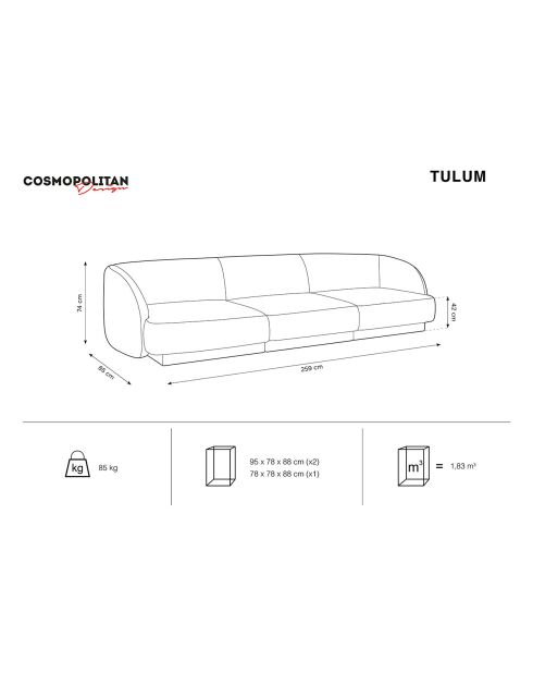 Canapé Velours Tulum 3 Places beige - 259x85x74 cm
