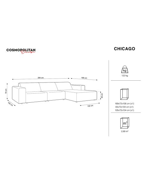 Canapé d'angle Droit Velours Chicago 4 Places gris clair - 284x166x70 cm