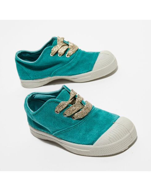 Tennis basses en Velours de Cuir lacets vertes