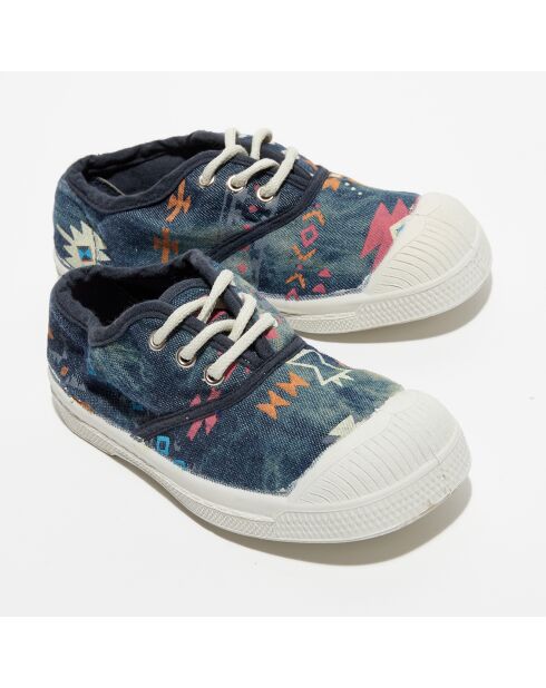 Sneakers met etnische bassen, blauwe veters met print