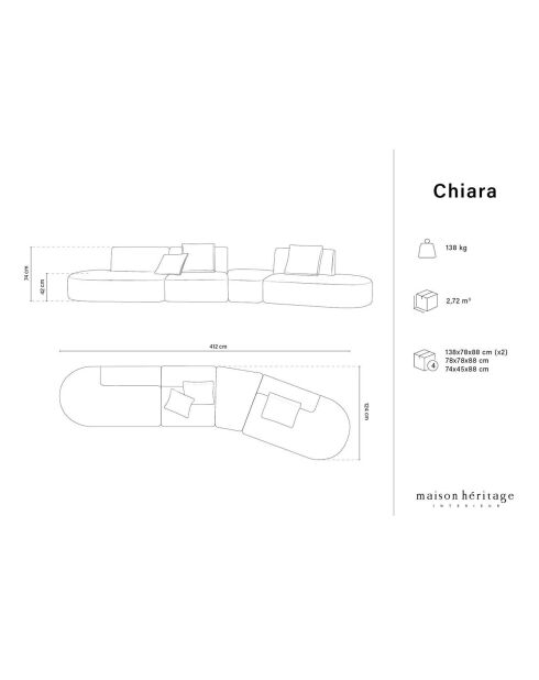 Canapé modulable Droit Chiara 6 places gris - 412x124x74 cm