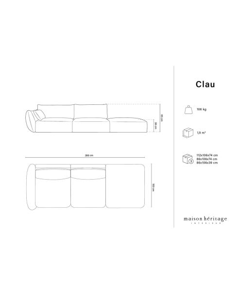 Canapé Droit Clau 4 places gris clair - 286x100x85 cm