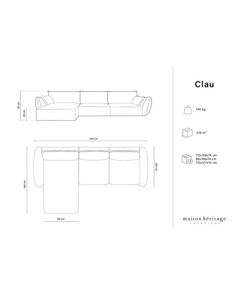 Canapé d'angle Gauche Clau 4 places gris clair - 300x166x85 cm