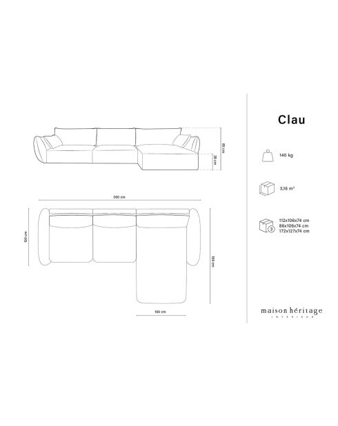 Canapé d'angle Droit Clau 4 places bleu roi - 300x166x85 cm