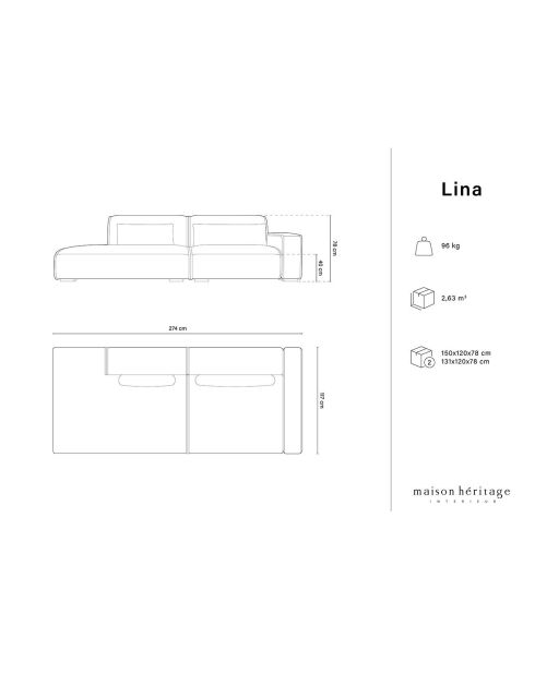 Canapé modulable Droit Lina 3 places gris - 274x117x78 cm
