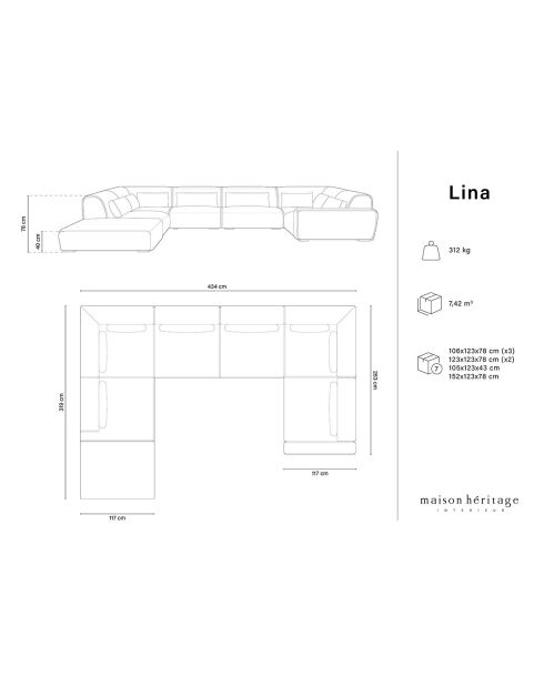 Canapé d'angle Gauche panoramique modulable Lina 8 places beige clair - 434x319x78 cm